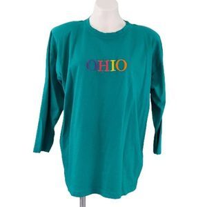 Vintage 90s Embroidered OHIO, Long Sleeved, Shoulder Pad Oversized Shirt, Green